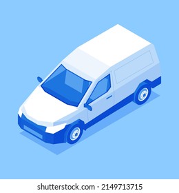 Logistic automobile with carcass container trunk for cargo goods transportation isometric vector illustration. Commercial van courier delivery vehicle with wheels. Industrial engine freight lorry