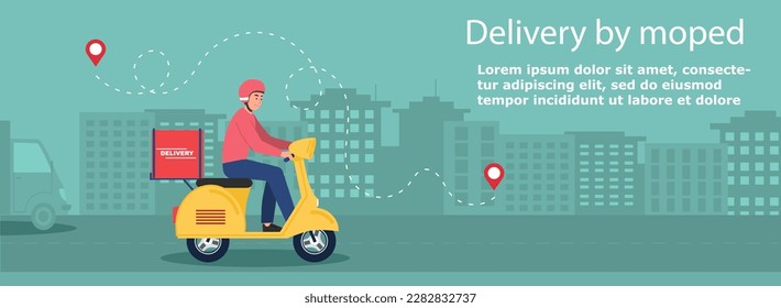Logistic banner with courier. Man on scooter sits with box, online shopping and express food delivery from cafes and restaurants. Template, layout and mock up. Cartoon flat vector illustration