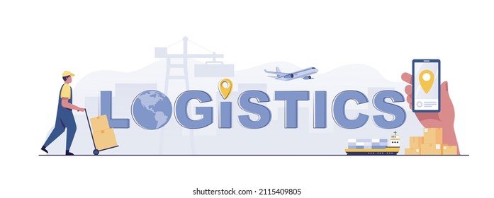 Logistic banner, Global Logistics Concept Freight Forwarder, Airline, Airfreight Container Ships, Customer Choice of Order Shipping Type, Worldwide Distribution.