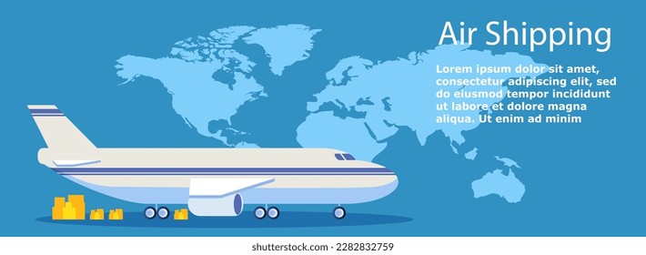 Logistic banner with plane. Transportation of goods, international trade and global business. Import and export of products. Delivery by air service. Cartoon flat vector illustration