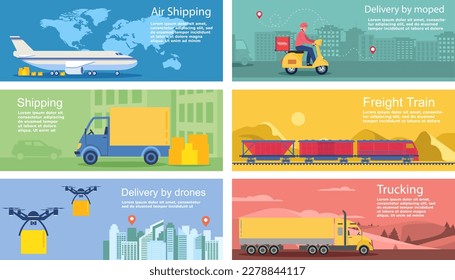 Logistic banner set. Collection of scenes with transport of boxes. Airplane, drone, scooter, train and truck. Deliviry and shipping. Cartoon flat vector illustrations isolated on white background