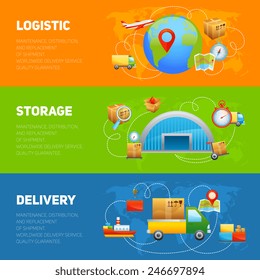 Logistic banner set horizontal banner set with storage and delivery elements isolated vector illustration