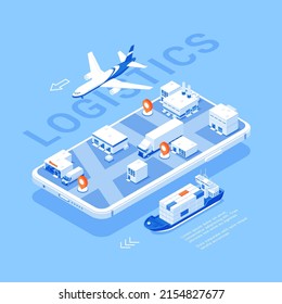 Logistic banner transportation cargo delivery smartphone application map pin scheme service isometric vector illustration. Freight shipment by truck, airplane, ship info poster with place for text
