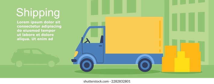 Logistic banner with truck. Transport with boxes in warehouse. Home delivery and online shopping, transportation. Poster or banner for website. Cartoon flat vector illustration