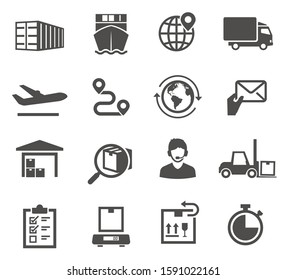 Logistic black and white glyph icons set. Transportation, warehousing and delivery monochrome symbols collection isolated on white background. Transport, packaging, loading, storage