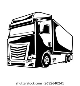 Logistic Box truck line art vector illustration. Container freight distribution transport Silhouette drawing