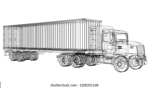 Logistic by Container truck. Vector rendering of 3d. Wire-frame style. The layers of visible and invisible lines are separated