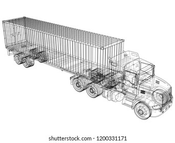 Logistic by Container truck. Vector rendering of 3d. Wire-frame style. The layers of visible and invisible lines are separated