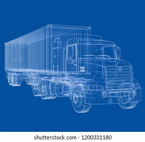 Logistic by Container truck. Vector rendering of 3d. Wire-frame style. The layers of visible and invisible lines are separated