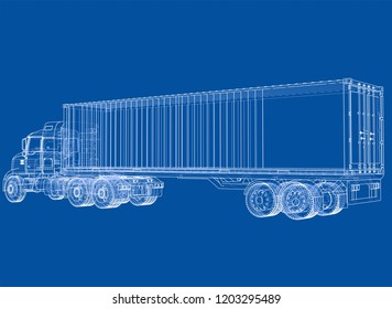 Logistic by Container truck. Vector rendering of 3d. Wire-frame style. The layers of visible and invisible lines are separated