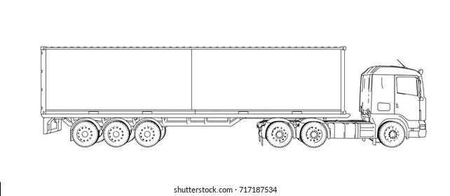 Logistic by Container truck. Vector rendering of 3d. Wire-frame style