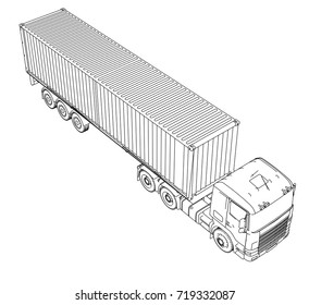 Logistic by Container truck. Vector rendering of 3d. Wire-frame style