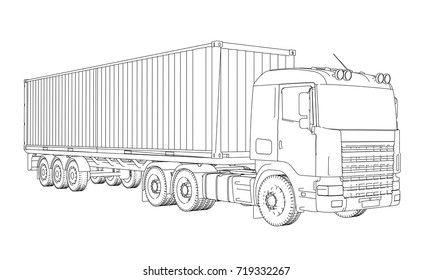 Logistic by Container truck. Vector rendering of 3d. Wire-frame style