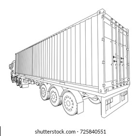 Logistic by Container truck. Vector rendering of 3d. Wire-frame style