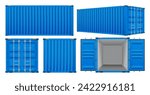 Logistic cargo containers. Front, side back and perspective view. Shipping, transportation and delivery concept. Realistic 3d templates isolated on white background