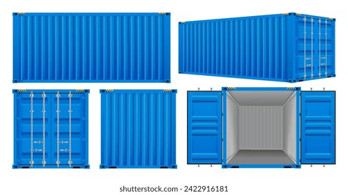 Logistic cargo containers. Front, side back and perspective view. Shipping, transportation and delivery concept. Realistic 3d templates isolated on white background