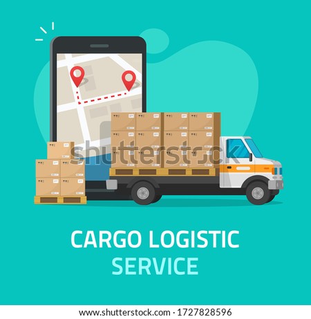Logistic cargo courier or freight delivery service transportation via mobile phone or smartphone vector, flat shipping truck automobile with warehouse parcel packages and cellphone city map tracking