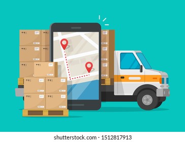 Logistic cargo mobile courier or freight delivery service transportation vector, flat cartoon truck automobile with warehouse parcel packages and cellphone or phone city map pin track
