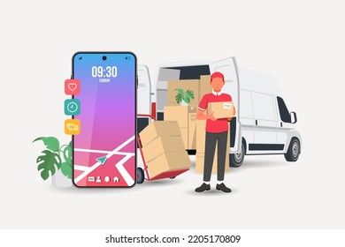 Logistic cargo mobile courier or freight delivery service transportation vector, flat cartoon truck automobile with warehouse parcel packages and cellphone or phone city map pin track