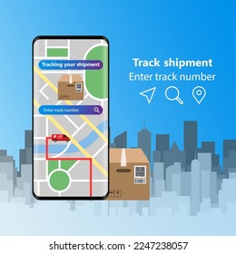 Logistische Spediteur- oder Speditionsservice Transport Vektor Paketpakete und Handy oder Telefon Stadtplan Pin Spur