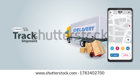 Logistic cargo mobile courier or freight delivery service transportation vector, flat cartoon truck automobile with warehouse parcel packages and cellphone or phone city map pin track