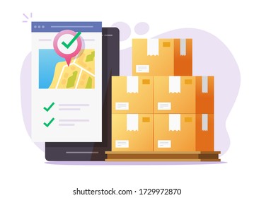 Logistic cargo mobile courier online for freight delivery service transportation via smartphone phone or cellphone city map app for shipping warehouse mail parcel freight tracking vector flat modern
