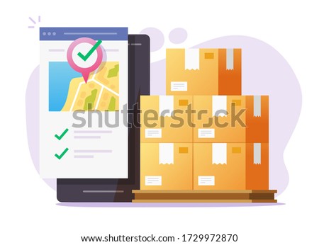 Logistic cargo mobile courier online for freight delivery service transportation via smartphone phone or cellphone city map app for shipping warehouse mail parcel freight tracking vector flat modern
