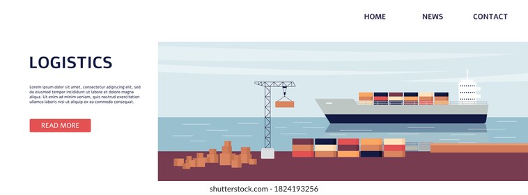 Logistic and cargo shipping banner template with ships in harbor, flat vector illustration on white background. Global freight transportation landing page concept.