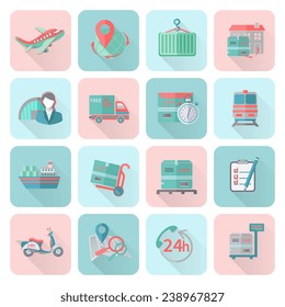 Logistic chain cargo global export freight shipping icons flat set isolated vector illustration.