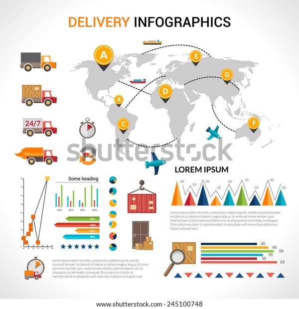 Logistic\
chain shipping freight service supply delivery infographics set\
with charts and world map vector\
illustration