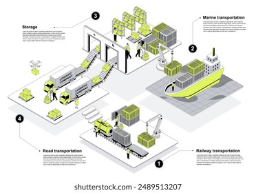 Concepto isométrico 3d de la empresa logística en el diseño del contorno para el Web. Personas que trabajan en salas de isometría en la oficina de entrega y proporcionan transporte ferroviario, por carretera, marítimo y almacenamiento. Ilustración vectorial.