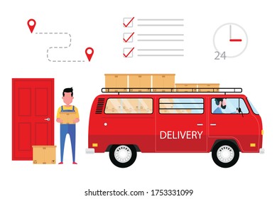 logistic company and delivery service from online shopping feature a red van and a man holding parcel or box