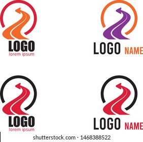 Logistic company logo. Curving tarred road or highway icon logo with arrow, cartoon vector illustration isolated on white background
