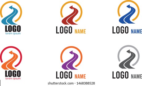 Logistic company logo. Curving tarred road or highway icon logo with arrow, cartoon vector illustration isolated on white background
