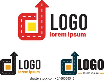 Logistic company logo. Curving tarred road or highway icon logo with arrow, cartoon vector illustration isolated on white background
