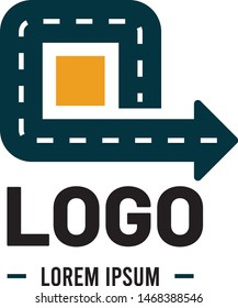 Logistic company logo. Curving tarred road or highway icon logo with arrow, cartoon vector illustration isolated on white background
