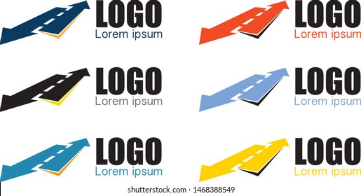 Logistic company logo. Curving tarred road or highway icon logo with arrow, cartoon vector illustration isolated on white background
