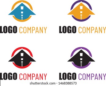 Logistic company logo. Curving tarred road or highway icon logo with arrow, cartoon vector illustration isolated on white background
