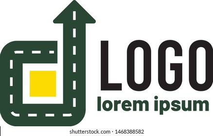 Logistic company logo. Curving tarred road or highway icon logo with arrow, cartoon vector illustration isolated on white background
