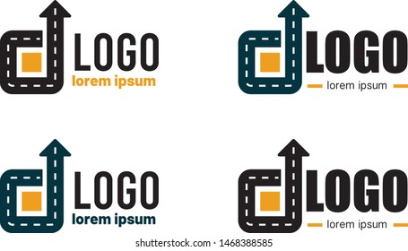 Logistic company logo. Curving tarred road or highway icon logo with arrow, cartoon vector illustration isolated on white background
