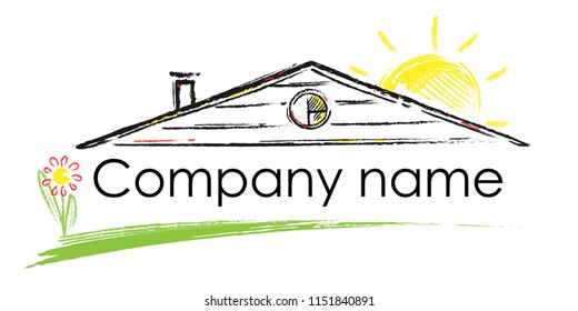 Logistic company vector logo. Icon with the roof of the house, the sun, grass and flower.