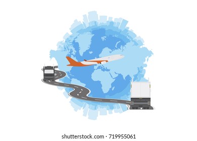 Logistic concept with big truck and world map. Flat vector illustration EPS 10