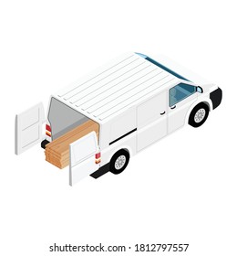 Concepto logístico. Coche con materiales de construcción tableros de madera