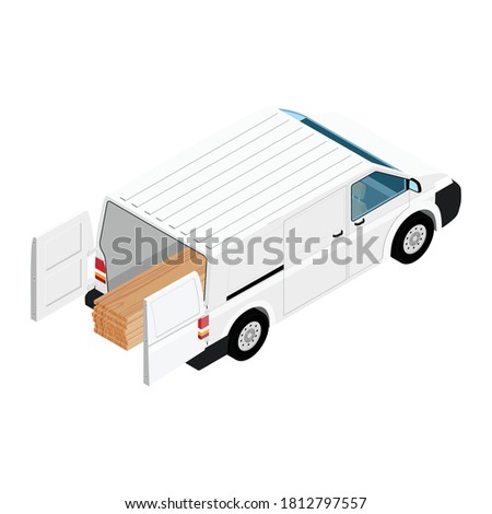 Logistic concept. Car delivering constuction materials wooden plank boards