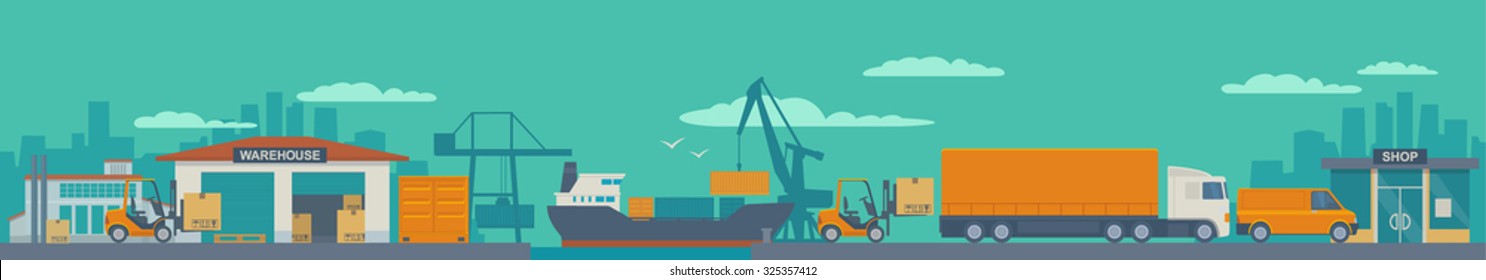 Logistic concept flat banner production process from factory to the shop. Warehouse, ship, truck, car. Wide panoramic vector illustration for business, infographic, web, presentations, advertising.