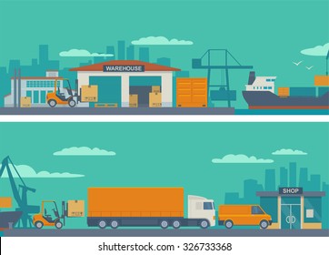 Logistic concept flat banner production process from factory to the shop. Warehouse, ship, truck, car. Wide panoramic vector illustration for business, info graphic, web, presentations, advertising.