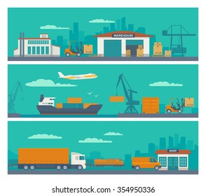Logistic concept flat banner production process from factory to the shop. Warehouse, ship, truck, car, aircraft, train. Vector flat illustration.  Hand drawn design element for label and poster