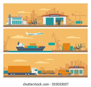 Logistic concept flat banner production process from factory to the shop. Warehouse, ship, truck, car, aircraft, train. Orange background. Vector flat illustration