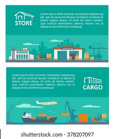 Logistic concept flat banner production process from factory. Wide vector illustration for business, info graphic, web, presentations, advertising.
