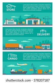 Logistic concept flat banner production process from factory to the shop. Warehouse, ship, truck, car. Wide panoramic vector illustration for business, info graphic, web, presentations, advertising.